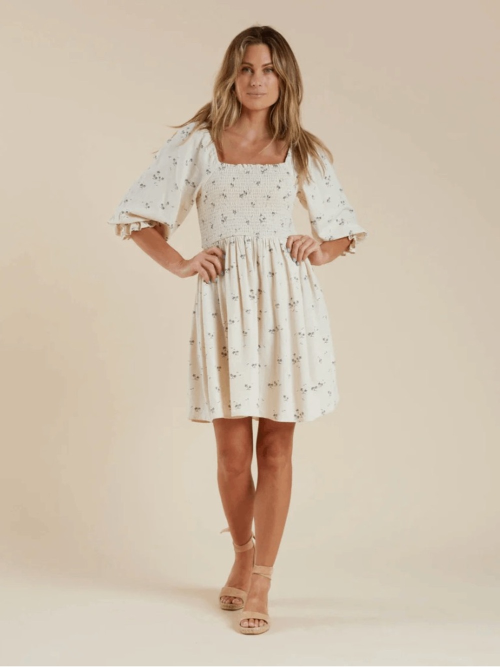 Rylee + Cru Cream Floral Smocked Square-Neck Mini Dress